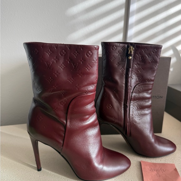 Louis Vuitton Wine Red Leather Mid-Calf Stiletto Boots - Picture 2 of 7